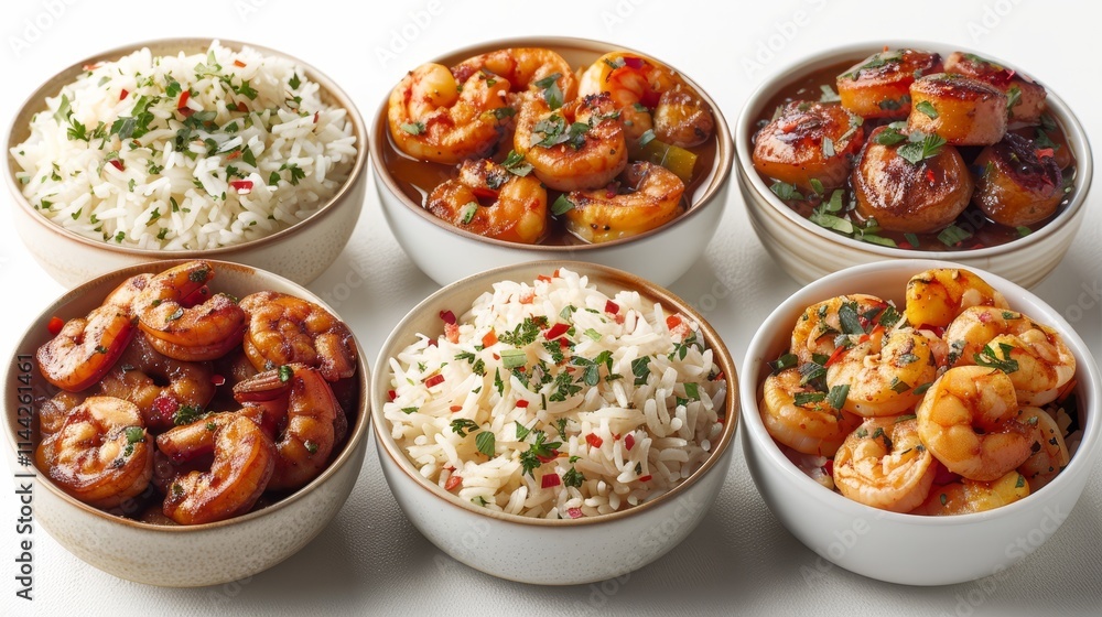 Six bowls of shrimp dishes with rice. Six bowls of shrimp dishes with rice.