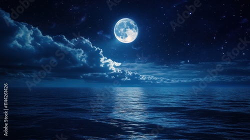 Serene Moonlit Ocean: A Nighttime Seascape Under a Full Moon