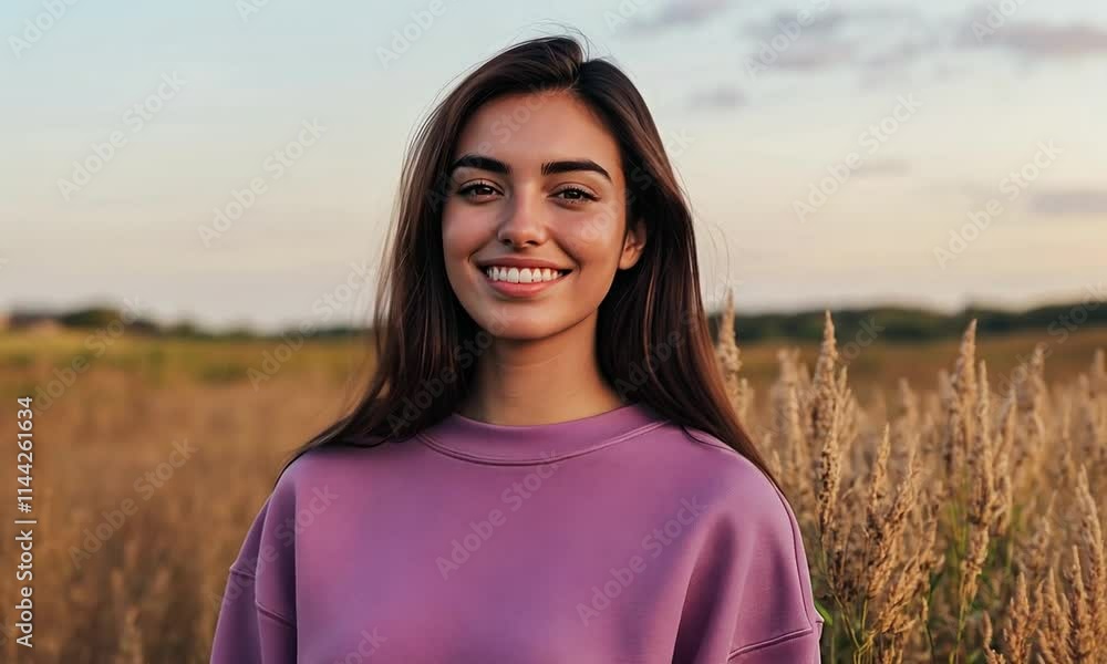 woman wearing an acid washed mauve colored crewneck sweatshirt. woman is smiling. woman is facing the camera. apparel mockup style. focus on the quality of the crewneck. background is a country scene. woman wearing an acid washed mauve colored crewneck sweatshirt. woman is smiling. woman is facing the camera. apparel mockup style. focus on the quality of the crewneck. background is a country scene.