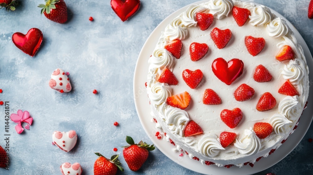 Whipped cream and strawberry cake on decorated table, Valentine's Day treat. Valentine's Day Whipped cream and strawberry cake on decorated table, Valentine's Day treat. Valentine's Day