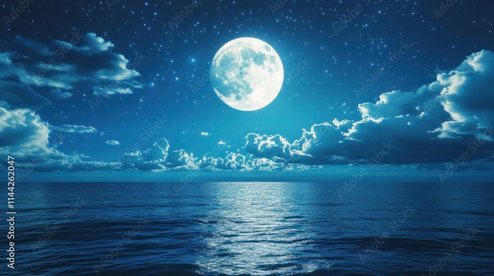Serene Night: Full Moon over Calm Ocean Serene Night: Full Moon over Calm Ocean