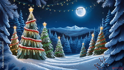 A snowy forest of Christmas trees illuminated at twilight, each tree adorned with sparkling garlands and glowing stars. The serene night sky enhances the magical holiday ambiance, created in a generat photo