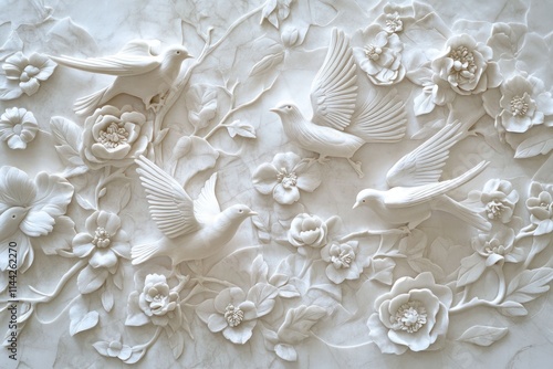 White 3D floral and bird wall art relief.