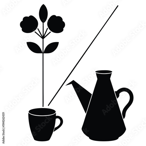 a vector silhouette of still life with a vase of flowers, with a cup of tea