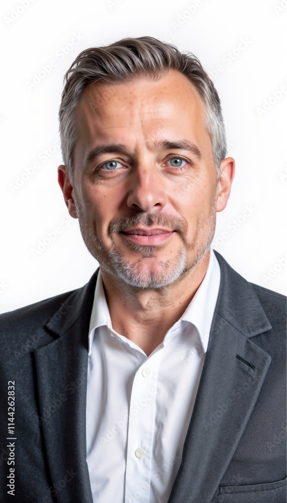 Mature businessman smiling in gray suit portrait isolated on white background Mature businessman smiling in gray suit portrait isolated on white background