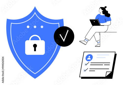 Padlock shield symbolizing security, woman sitting with laptop, authentication checklist with verification marks. Ideal for cybersecurity, data protection, privacy, authentication processes, online