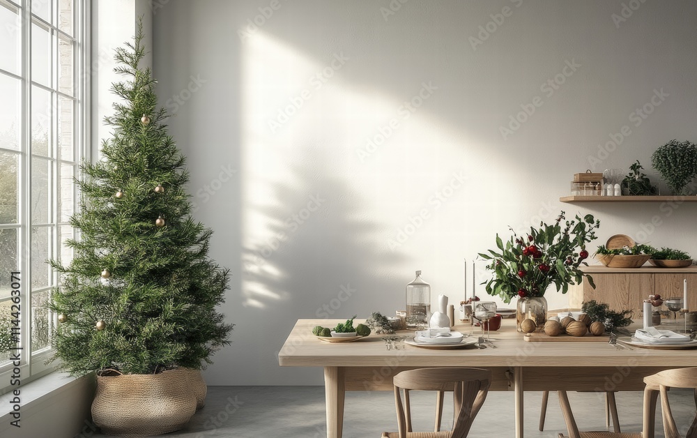 Fototapeta premium A minimalist dining space with a simple green tree, natural decor accents, and holiday-themed tableware