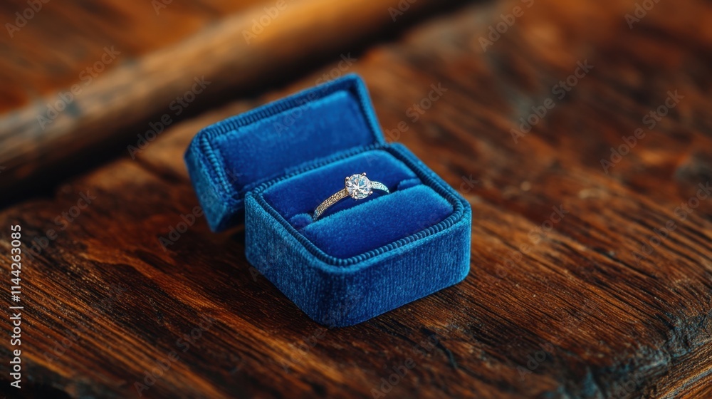 Elegant Diamond Ring in Blue Velvet Box on Rustic Wooden Surface Elegant Diamond Ring in Blue Velvet Box on Rustic Wooden Surface