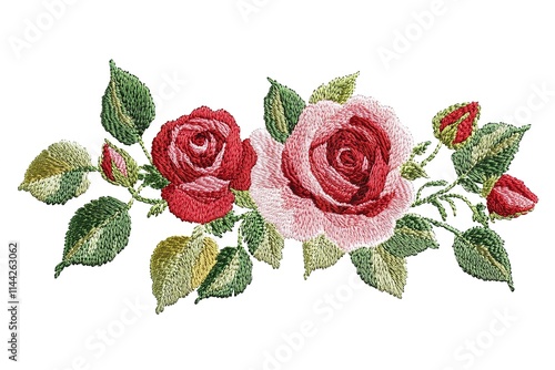 Fototapeta Naklejka Na Ścianę i Meble -  Detailed embroidered roses and leaves design.