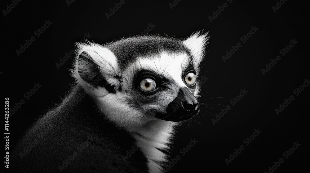 Fototapeta premium A striking black-and-white portrait of a lemur, highlighting its expressive eyes and distinctive features against a dark background.