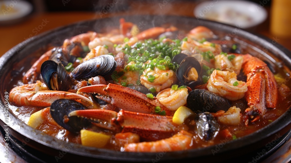 Colorful Seafood Dish with Shrimp, Lobster, and Fresh Vegetables Colorful Seafood Dish with Shrimp, Lobster, and Fresh Vegetables
