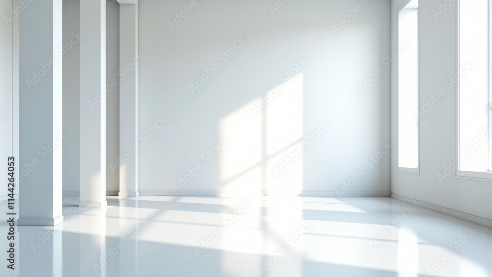 Empty white room, white walls, white floor,Minimalist white room with sunlight streaming through windows Empty white room, white walls, white floor,Minimalist white room with sunlight streaming through windows
