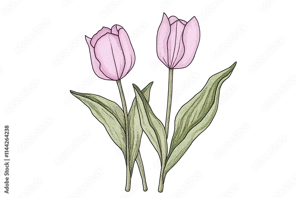 Fototapeta premium Delicate Pink Tulips, Hand-Drawn Floral Illustration