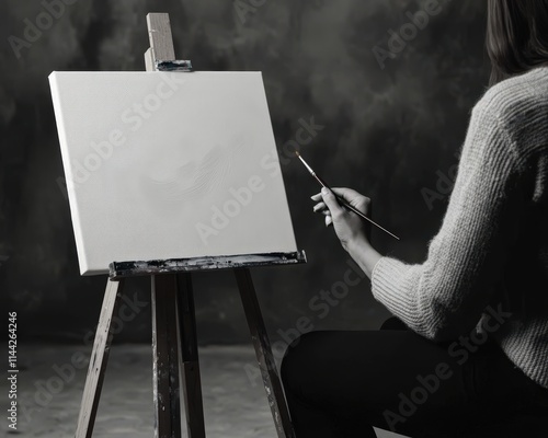 A person sits in front of a blank canvas on an easel, holding a paintbrush, embodying the essence of creativity and artistic expression. photo