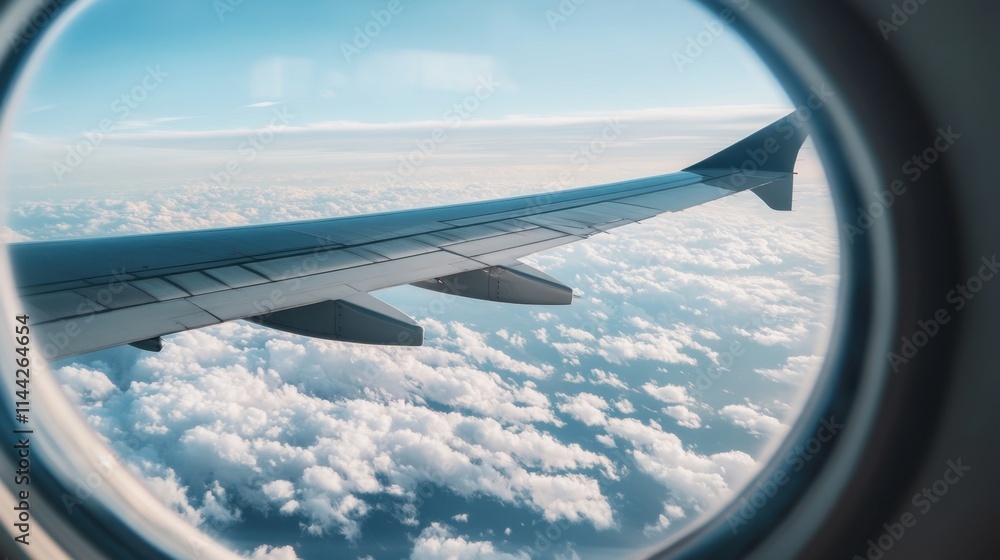 View of Airplane Wing Above Clouds Through Window in Bright Sky View of Airplane Wing Above Clouds Through Window in Bright Sky