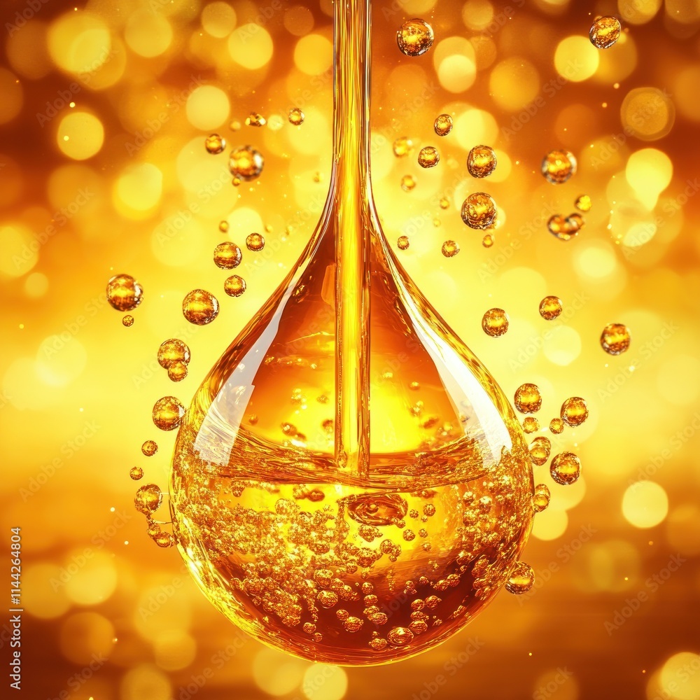 Golden oil drop pouring, bokeh background. Golden oil drop pouring, bokeh background.