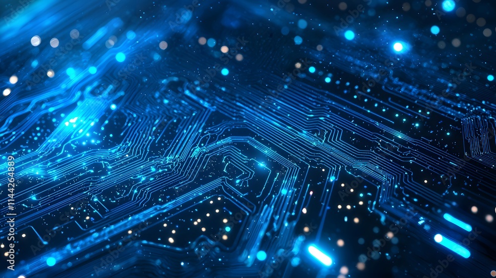 Obraz premium Quantum Wave Flow on Blue Circuit Board Background