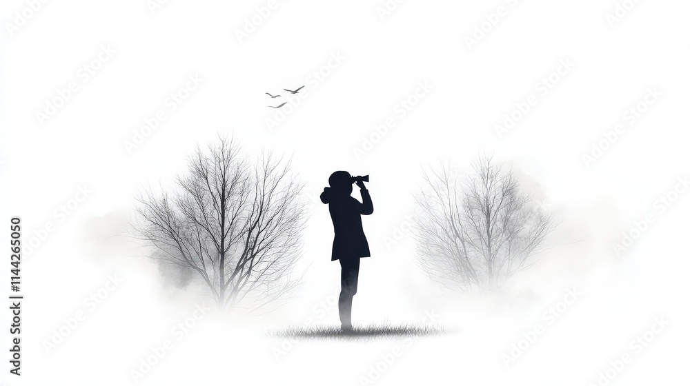 A silhouette of a person using binoculars in a foggy landscape, surrounded by bare trees and birds flying overhead. A silhouette of a person using binoculars in a foggy landscape, surrounded by bare trees and birds flying overhead.