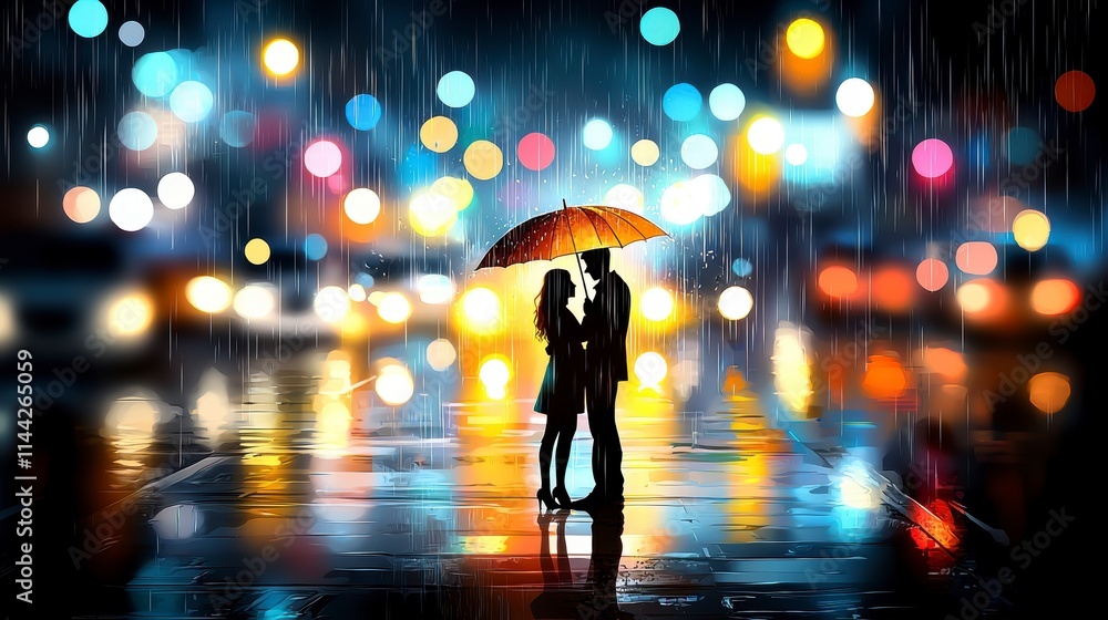 Romantic Couple Under Umbrella in Rainy City Night Romantic Couple Under Umbrella in Rainy City Night