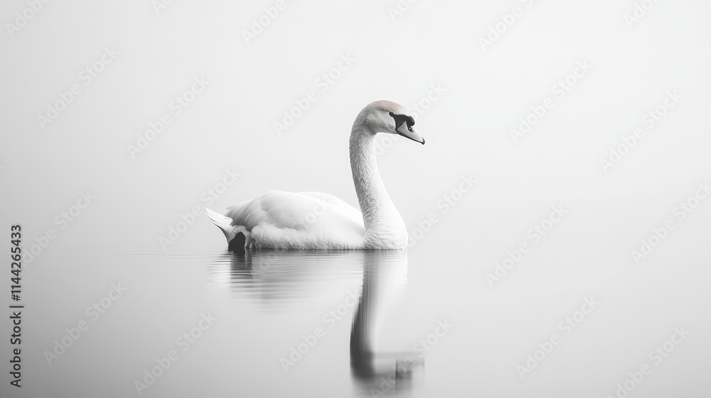 Fototapeta premium A serene swan glides gracefully across a calm, misty water surface, reflecting a tranquil ambiance in monochrome tones.