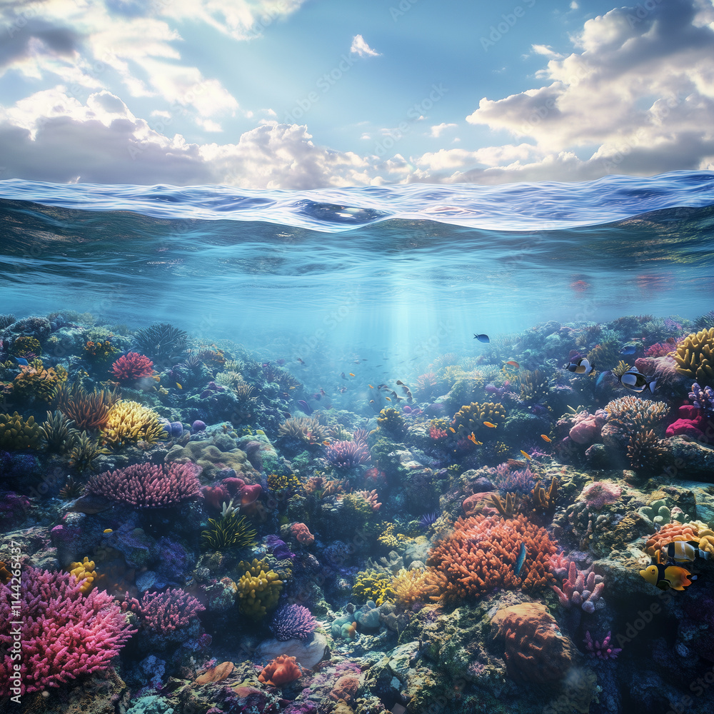 Mesmerizing underwater view of coral reef with vibrant colors and sunlight illuminating crystal clear ocean waters Mesmerizing underwater view of coral reef with vibrant colors and sunlight illuminating crystal clear ocean waters
