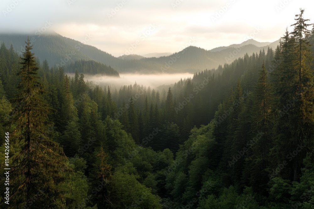 Obraz premium Serene morning mist envelops lush mountains and evergreen forests in tranquil landscape view