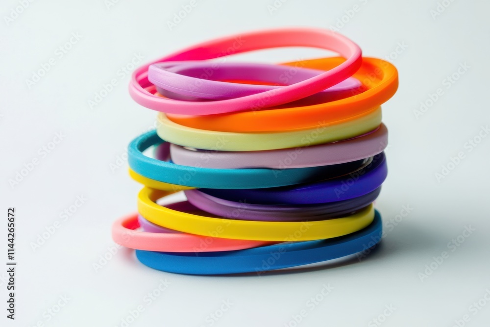 Colorful rubber wristbands stacked in a bright display studio setting photography minimalist environment close-up viewpoint vibrant concept Colorful rubber wristbands stacked in a bright display studio setting photography minimalist environment close-up viewpoint vibrant concept