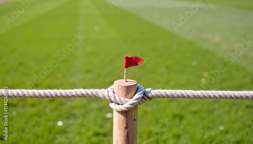 Red flag on wooden pole with rope on green grass field, cricket theme photo