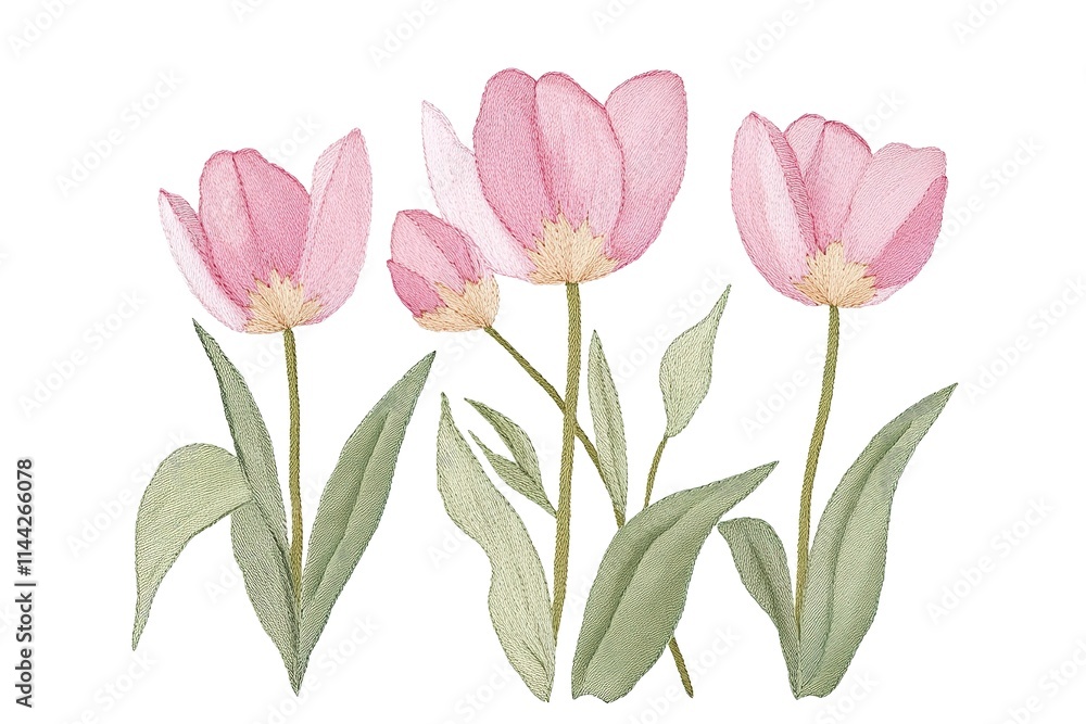 Obraz premium Delicate Embroidered Pink Tulips and Leaves
