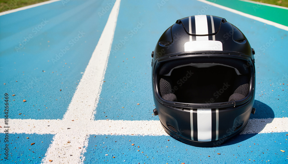 Fototapeta premium Black racing helmet on blue track with white lines and copy space