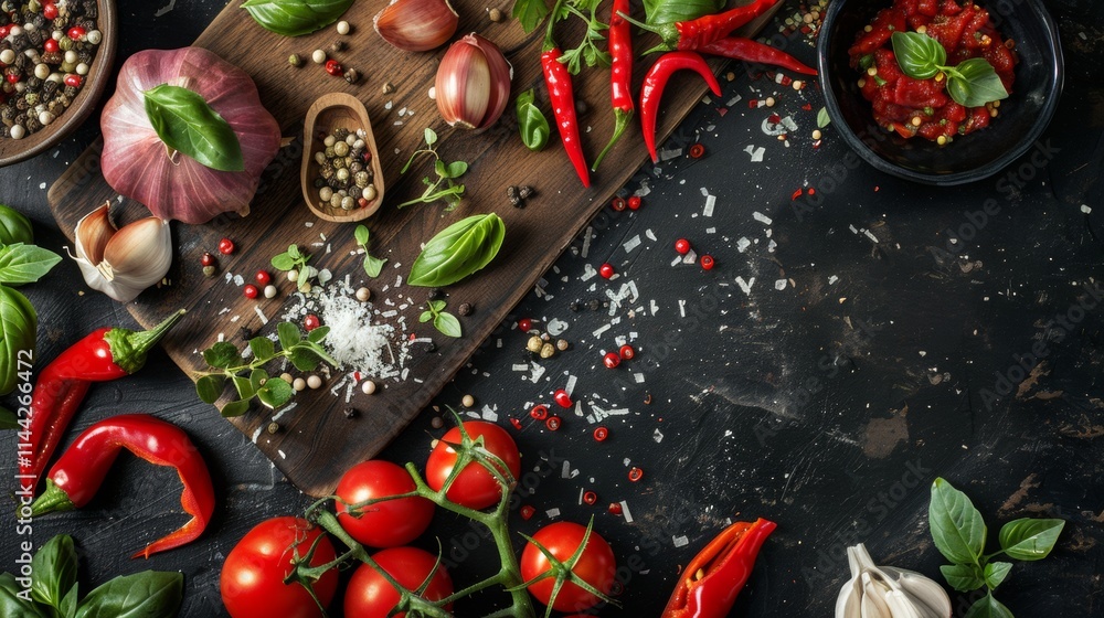 Fresh vegetables, spices, and herbs on a dark rustic surface Fresh vegetables, spices, and herbs on a dark rustic surface