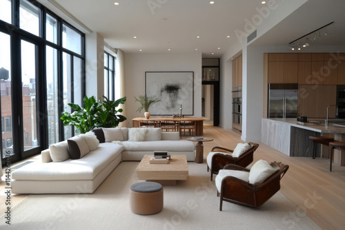 Wallpaper Mural Modern minimalist living room with large windows, light-colored furniture, and wooden accents. Torontodigital.ca