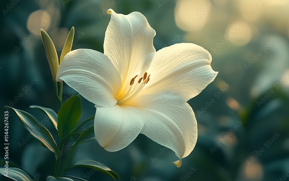 Close-up of a single, elegant white lily flower in bloom, illuminated by soft sunlight against a blurred green background. Close-up of a single, elegant white lily flower in bloom, illuminated by soft sunlight against a blurred green background.