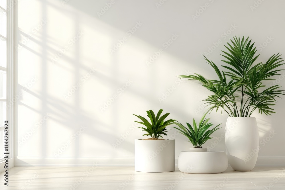 Bright indoor plant display with modern pots in a sunlit room showcasing natural light and greenery Bright indoor plant display with modern pots in a sunlit room showcasing natural light and greenery