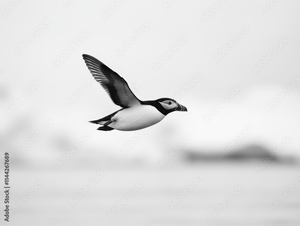 Obraz premium A black and white image of a bird in flight, showcasing its wings spread and graceful movement against a blurred background.