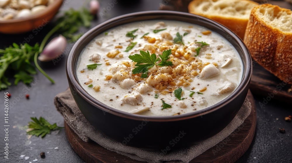Creamy Chicken Soup with Fresh Herbs and Crusty Bread on Table Creamy Chicken Soup with Fresh Herbs and Crusty Bread on Table