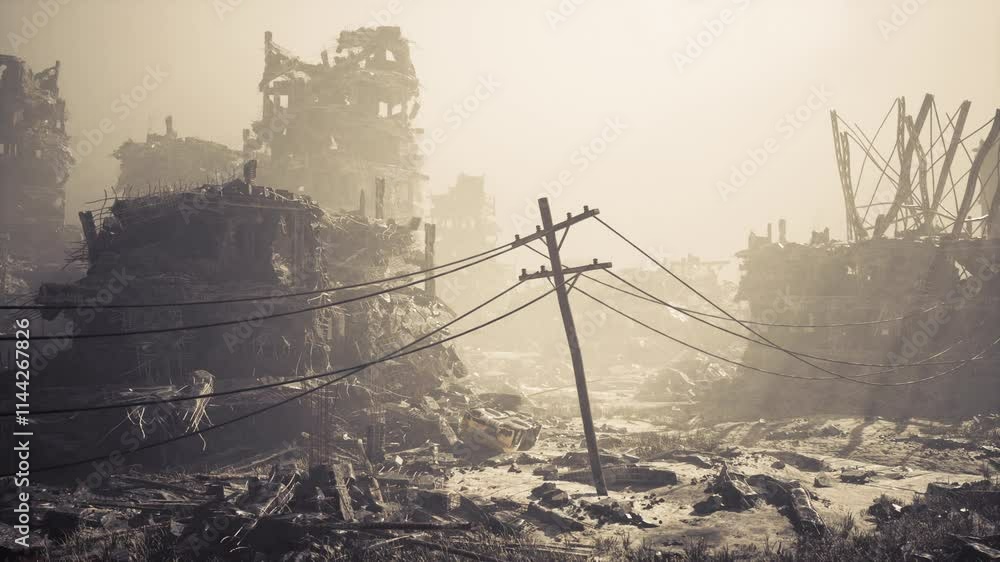 Buildings are reduced to rubble following military conflict, leaving a ...
