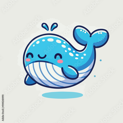 Cute blue whale spraying water vector illustration in kawaii cartoon style