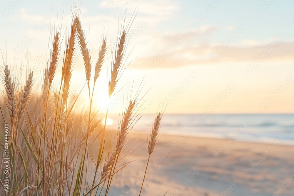 Sand dune grasses sway gently as the sun rises over the calm ocean horizon during early morning hours Sand dune grasses sway gently as the sun rises over the calm ocean horizon during early morning hours