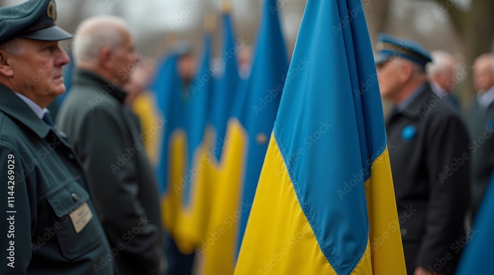 Flags of Ukraine and the formation of military veterans. Paying honor to those who died in the Russian-Ukrainian war. Flags of Ukraine and the formation of military veterans. Paying honor to those who died in the Russian-Ukrainian war.