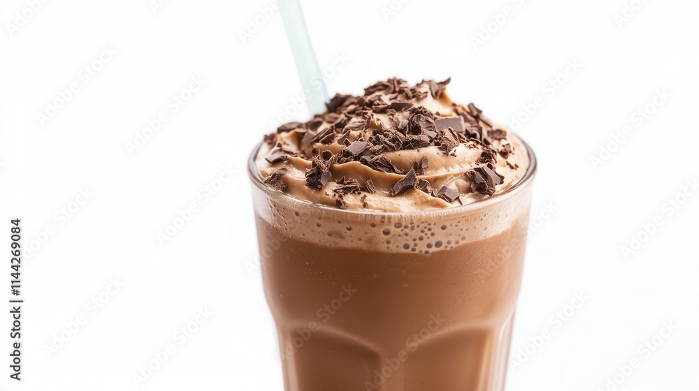 Chocolate milkshake glass creamy topped shaved flakes straw white background Chocolate milkshake glass creamy topped shaved flakes straw white background