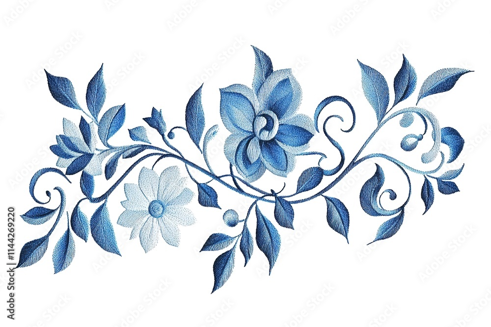 Fototapeta premium Delicate blue floral embroidery design on white background