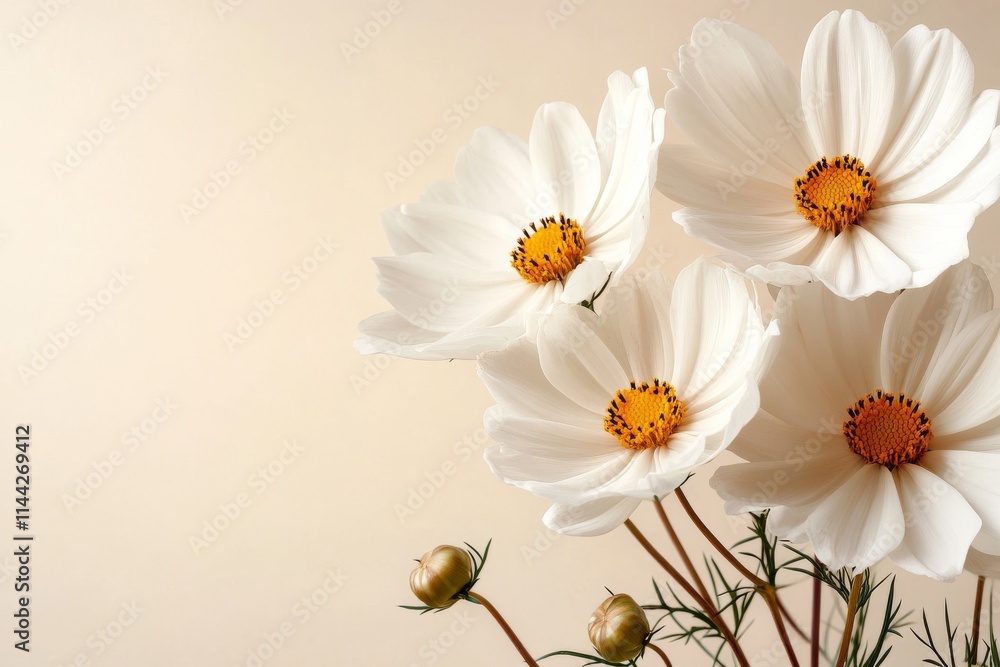 Fototapeta premium Beautiful white cosmos flowers with bright yellow center displayed against a soft beige background