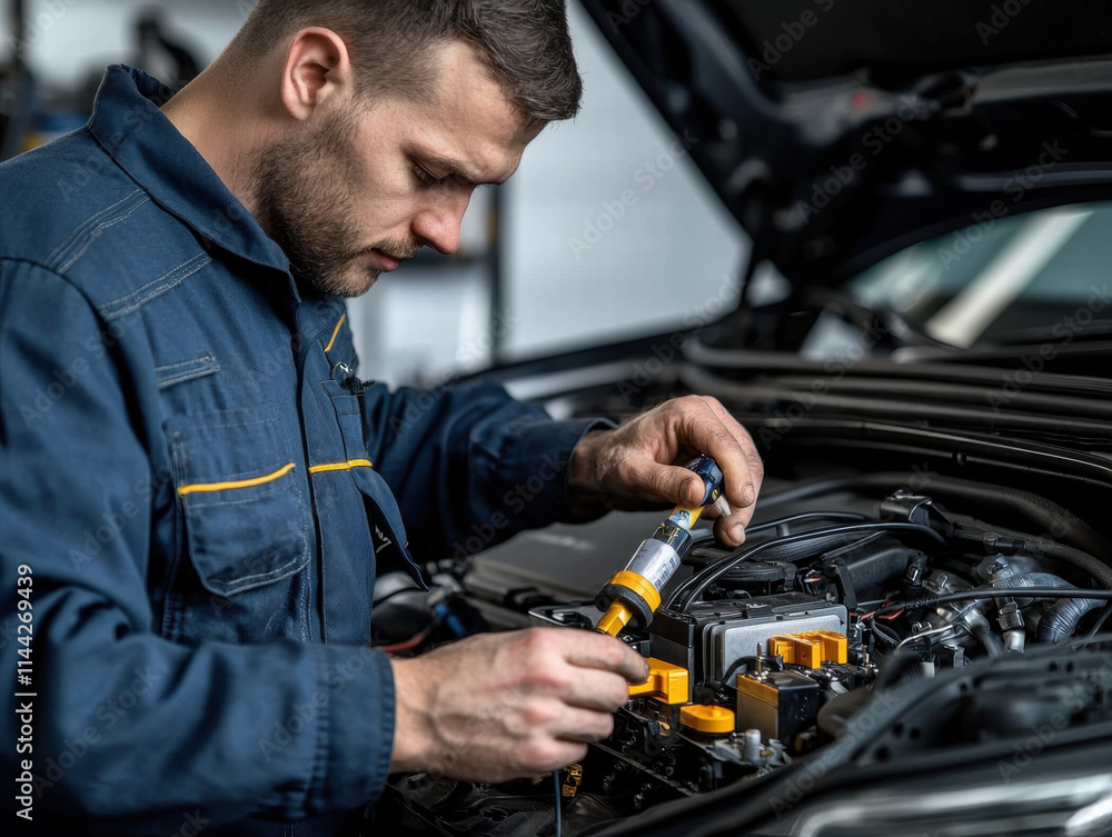 Mechanics repair engine testing. A mechanic repairs an engine with tools in a workshop setting. Mechanics repair engine testing. A mechanic repairs an engine with tools in a workshop setting.
