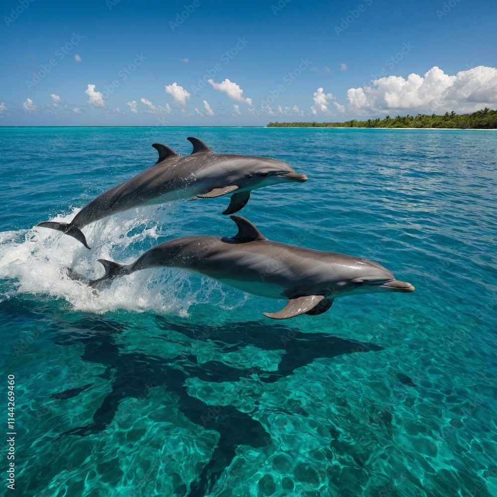 Fototapeta premium A pod of dolphins leaping playfully in a tropical turquoise ocean.