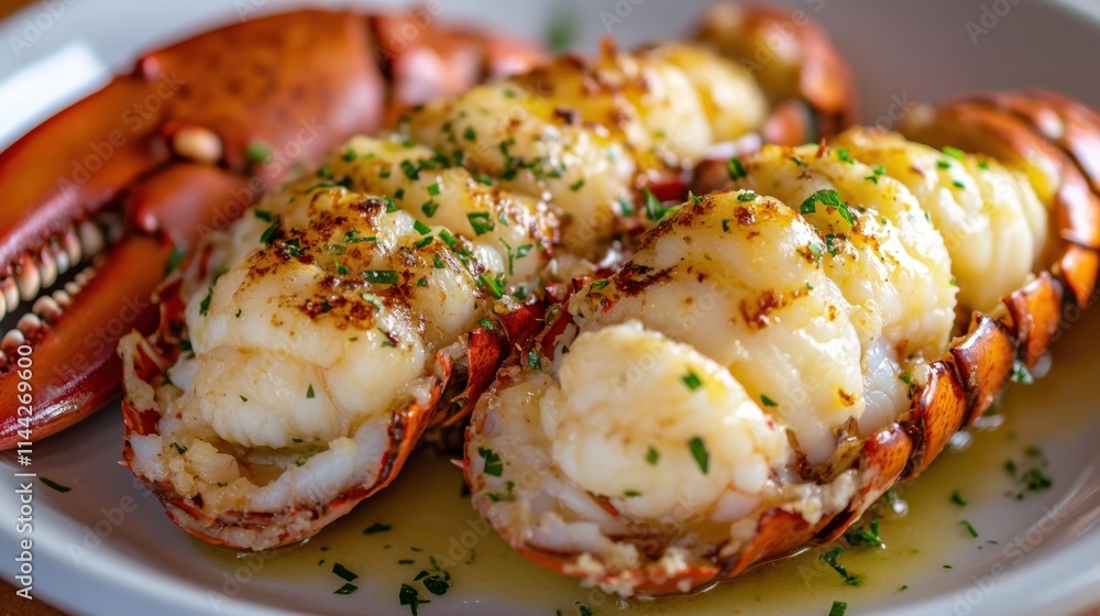 Succulent Lobster Tails with Herb Butter on a White Plate Succulent Lobster Tails with Herb Butter on a White Plate