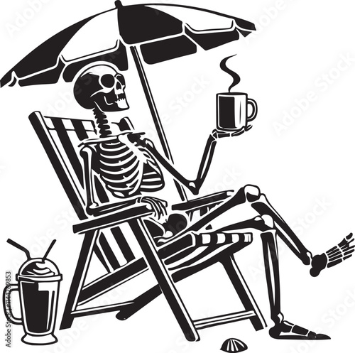 skeleton sitting in a beach chair drinking coffee 