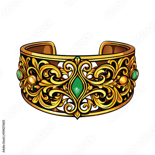 Create a realistic vector illustration of a gold cuff bracelet featuring a prominent 'F' initial.  High detail, polished gold texture.