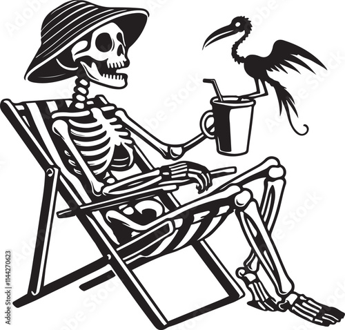 skeleton sitting in a beach chair drinking coffee with heron bird