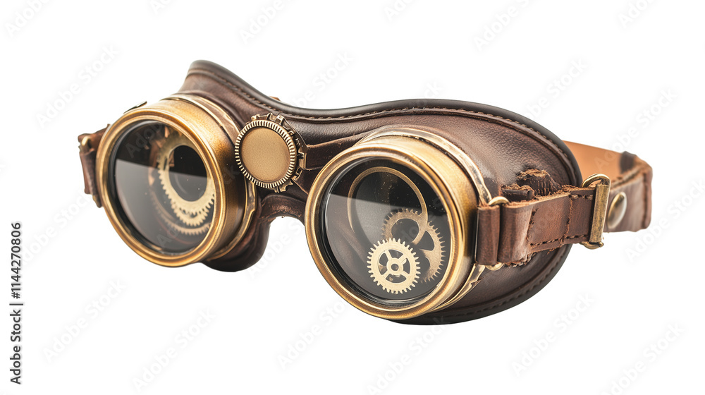 Steampunk goggles with brass gears and leather straps isolated on transparent background Steampunk goggles with brass gears and leather straps isolated on transparent background